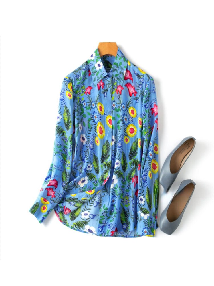 Silk Shirt 100% Mulberry Silk Crepe Silk Blue Floral Printed Buttons Down Long Sleeve KilyClothing