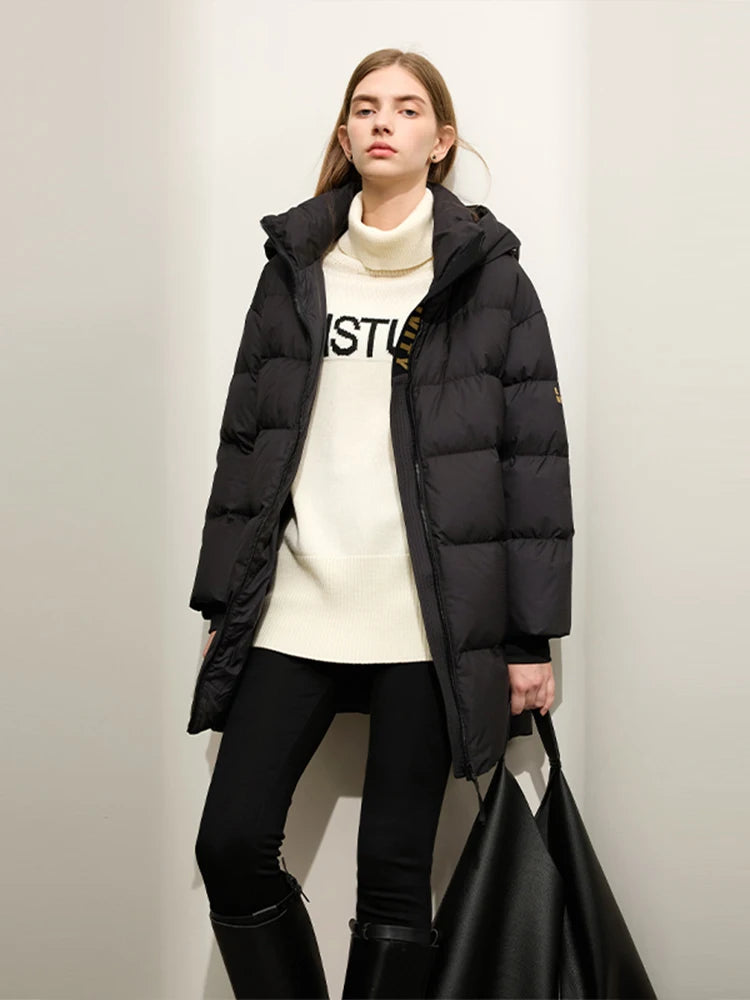 Letter Printed Down Cotton Padded Coat For Women, Warm Bread Coat Lapel Trendy Hooded Winter Outerwear