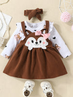 Cute Squirrel Print Long Sleeves Romper and Suspender Skirt Headband Fall Outfits KilyClothing