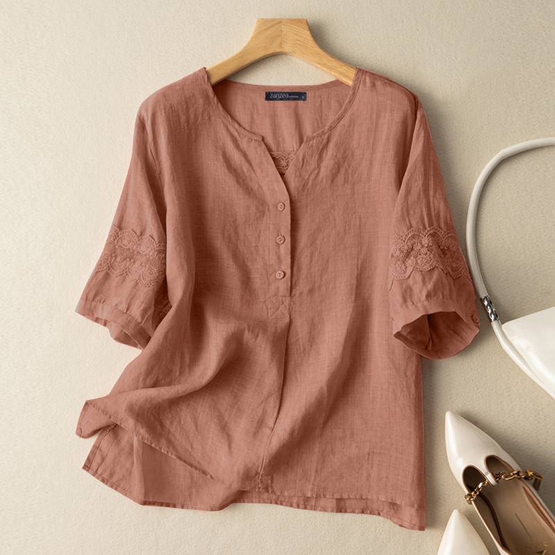 V-Neck Half Sleeve Cotton Shirt Fashion Casual Retro Tops KilyClothing