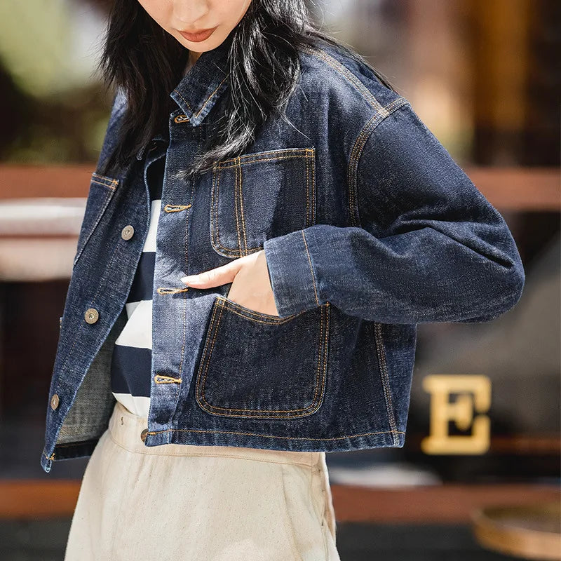 Denim Jacket for Women Dark Blue Short Coat Vintage Jeans Jacket Washed Turn Down Collar Loose Streetwear
