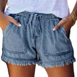 Washed Denim Shorts, Casual Drawstring Elastic Waist Frayed Hem Loose Short Jeans KilyClothing