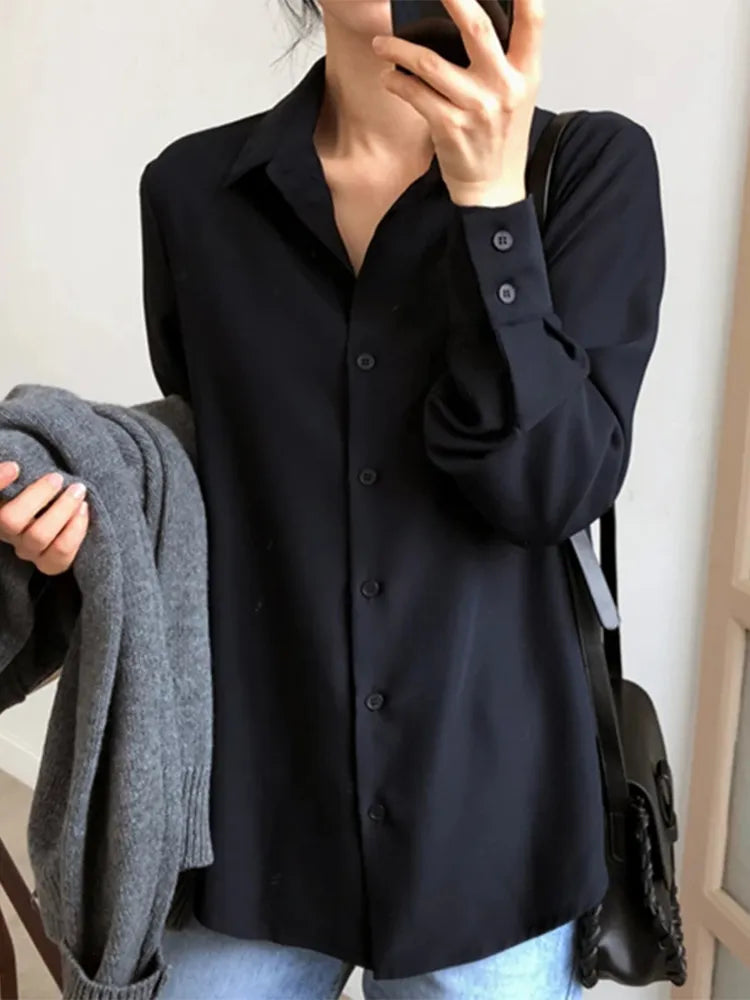 Women Solid Black Chiffon Blouse Long Sleeve Casual Shirt Women's Korean BF Style Chic Tops KilyClothing