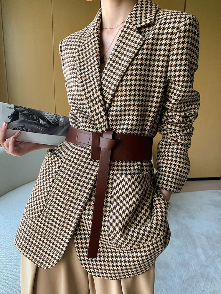 Vintage Houndstooth Woolen Blazer Jackets Fashion Elegant Casual Outerwear Coat With Belt KilyClothing