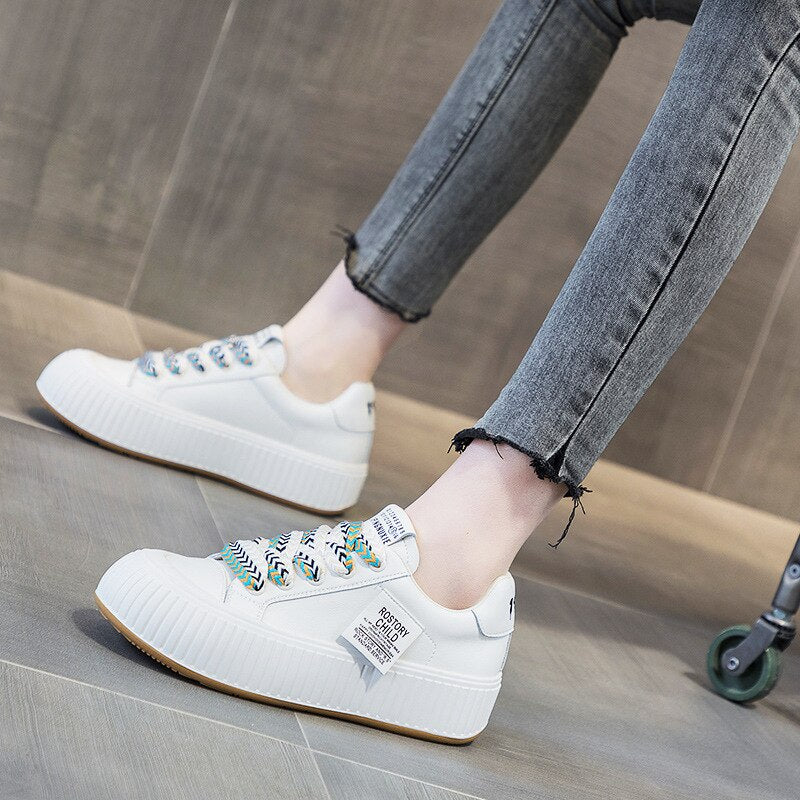 Casual White Shoes Genuine Leather Platform Flat Tennis KilyClothing