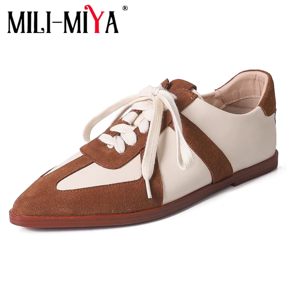 MILI-MIYA Classic Brand Style Women Kid Suede&Cow Leather Splicing Flats Pointed Toe Lace Up Mixed Color Casual Street Shoes KilyClothing