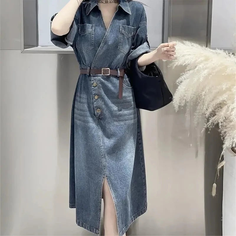 Vestido vaquero dividido informal para mujer con bolsillos, vestido vaquero vintage de moda urbana con diseño delgado y temperamento