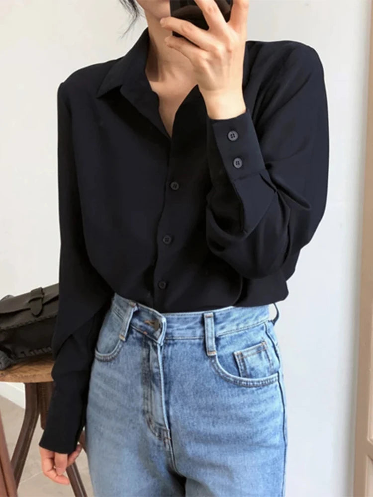 Women Solid Black Chiffon Blouse Long Sleeve Casual Shirt Women's Korean BF Style Chic Tops KilyClothing