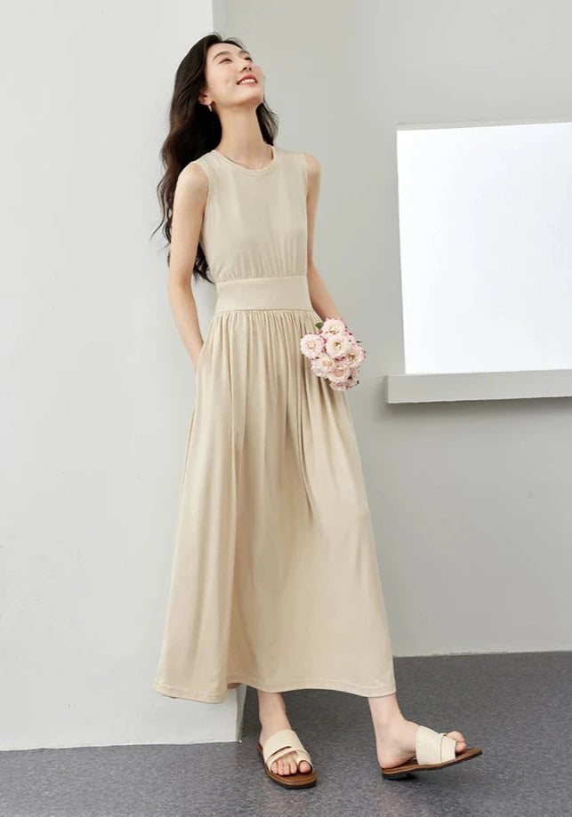 Casual Basic Sleeveless Dress For Women Summer Elegant Draped Skinny French Style Solid Dress