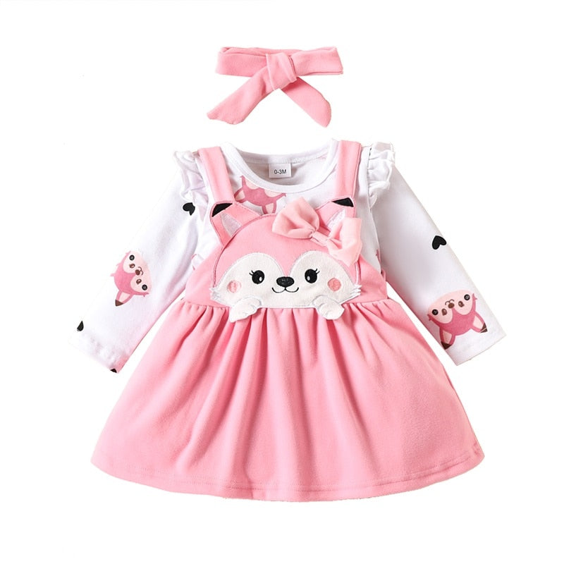 Cute Squirrel Print Long Sleeves Romper and Suspender Skirt Headband Fall Outfits KilyClothing