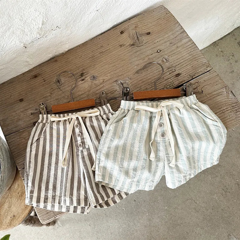 Pantalones cortos vintage de lino y algodón para bebés, niños y niñas, pantalones cortos a rayas, informales, botones l, diseño de bolsillo, pantalones para niños pequeños de 0 a 24 meses