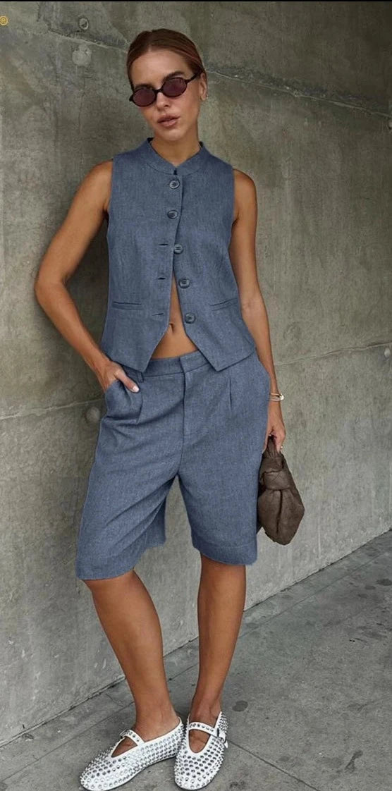 Summer Slim Blue Office 2 Piece Sets Women Outfit, Elegant Sleeveless Tank Top With Low Waist Shorts Set