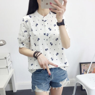 Cotton Linen Floral Print Literary Fresh Shirts Summer Casual Loose Tunic KilyClothing