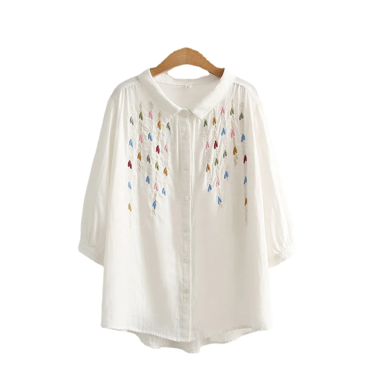 Cotton Yarn White Shirts Girls Cute Embroidery Tops Pointed Collar Button 3/4 Sleeve Loose Blouse KilyClothing