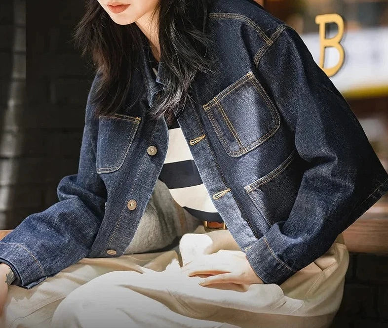 Denim Jacket for Women Dark Blue Short Coat Vintage Jeans Jacket Washed Turn Down Collar Loose Streetwear