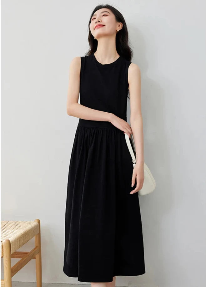 Casual Basic Sleeveless Dress For Women Summer Elegant Draped Skinny French Style Solid Dress