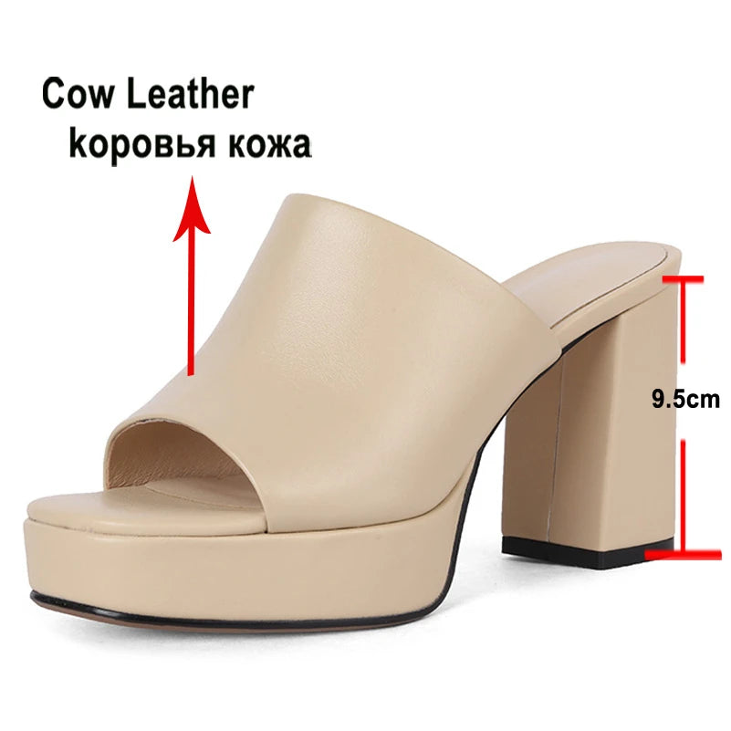 Meotina Women Genuine Leather Shoes Round Toe Platform Thick High Heel Slides Ladies Fashion Slippers Summer Spring Apricot