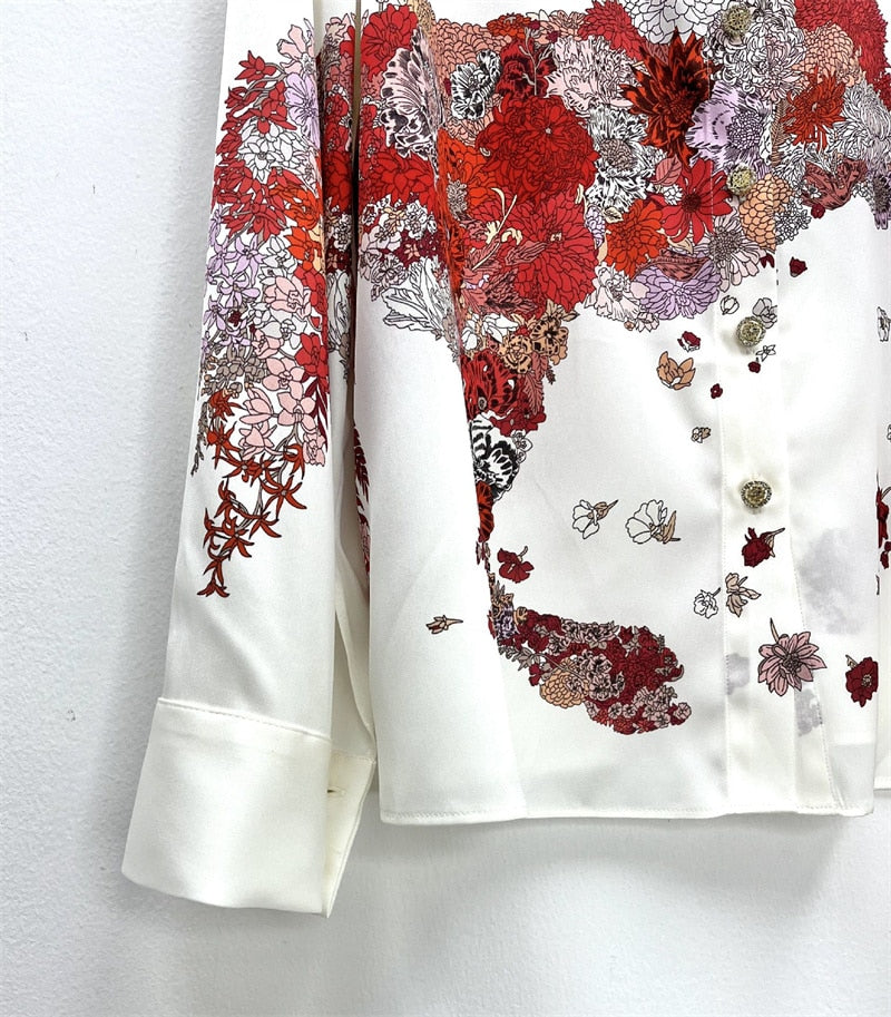 Satin White Shirt For Women Luxury Red Horse Print Long Sleeve KilyClothing