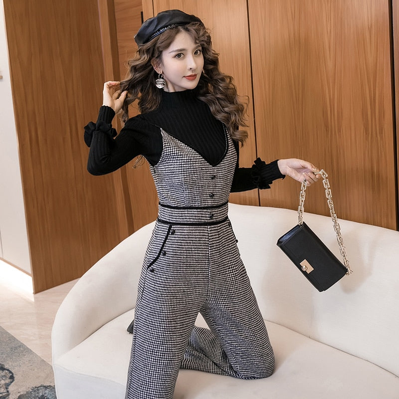 Chic and Vintage Korean Houndstooth Jumpsuit, High Waist, Office Lady Jumpsuits KilyClothing