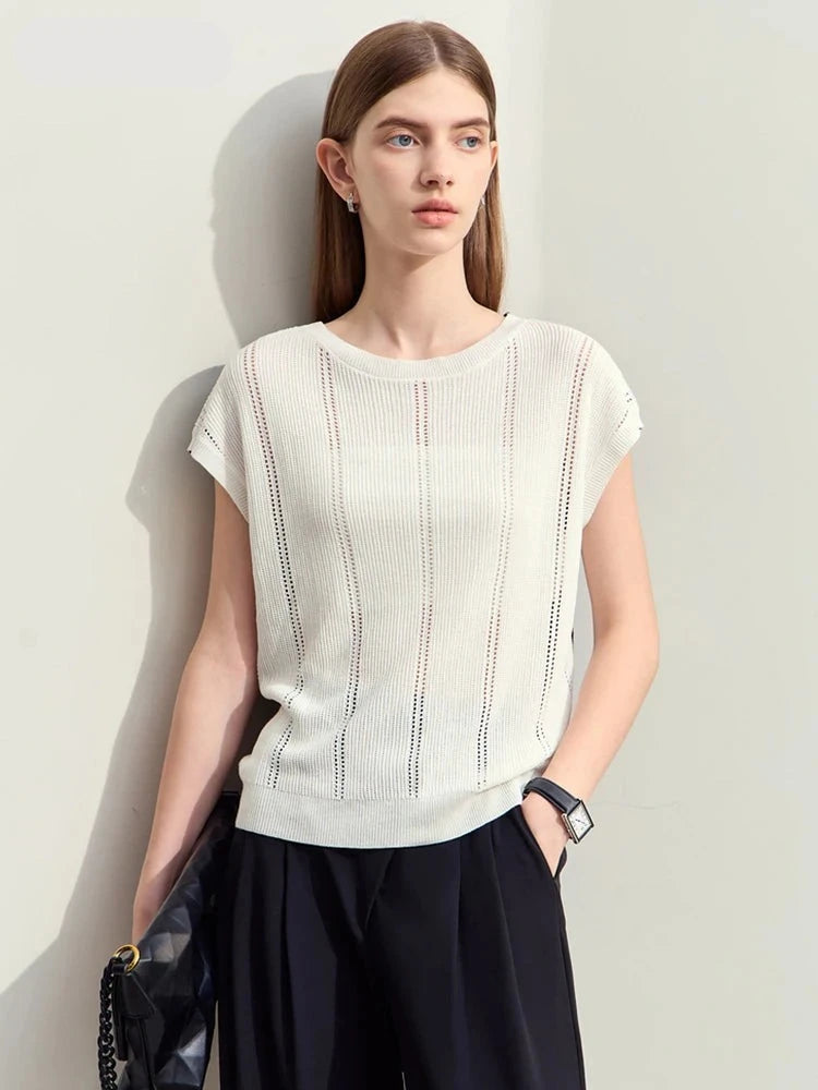 Suéter de punto de lana con cuello oblicuo para mujer, Tops informales con agujeros de Color en contraste para mujer