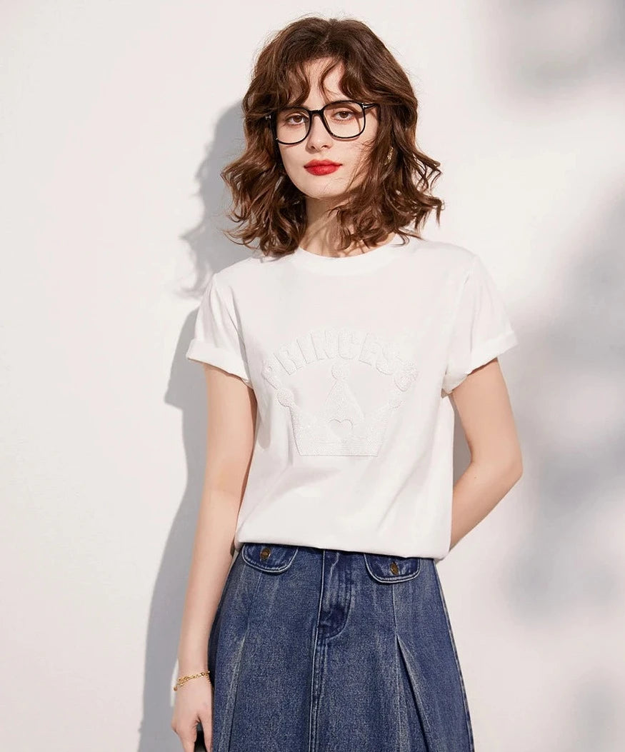 Camiseta de mujer Camiseta 100% algodón, Verano Cuello redondo Manga corta Básico Ajuste holgado Casual