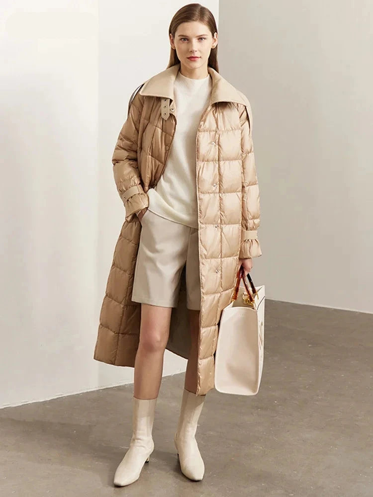 Chaqueta minimalista de plumón de pato para mujer, parka larga con cinturón y cuello alto, ropa de abrigo de invierno de moda de calidad