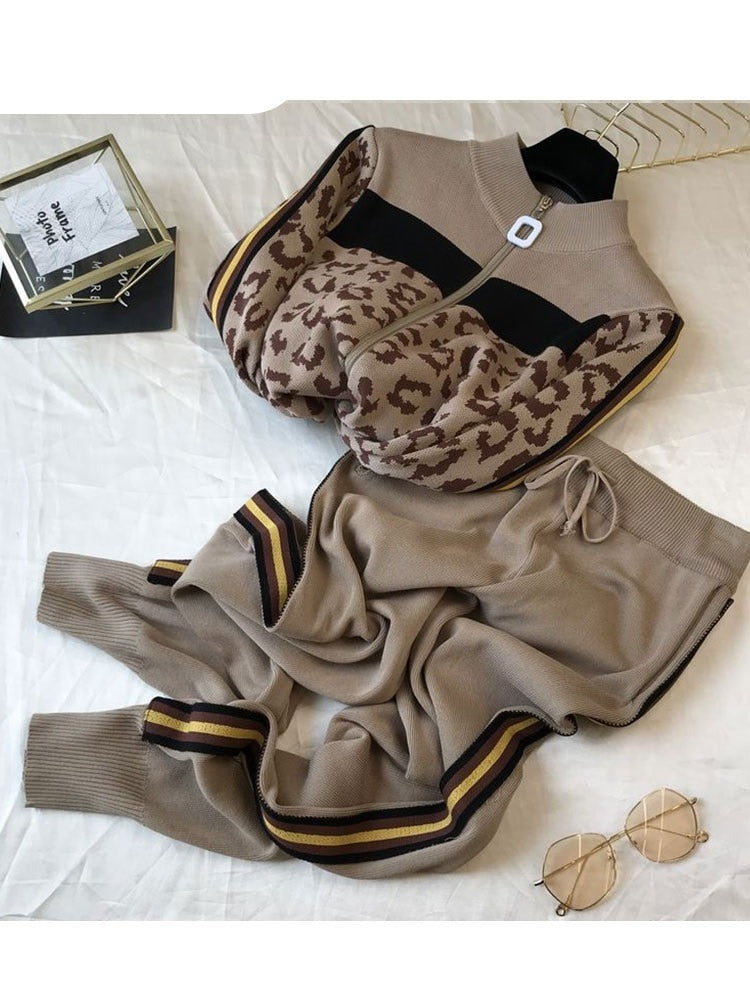 TracksuitLeopard Knit Zip Cardigan Tops+Pants Suit 2PCS Sets Long Sleeve Jacket Coat KilyClothing