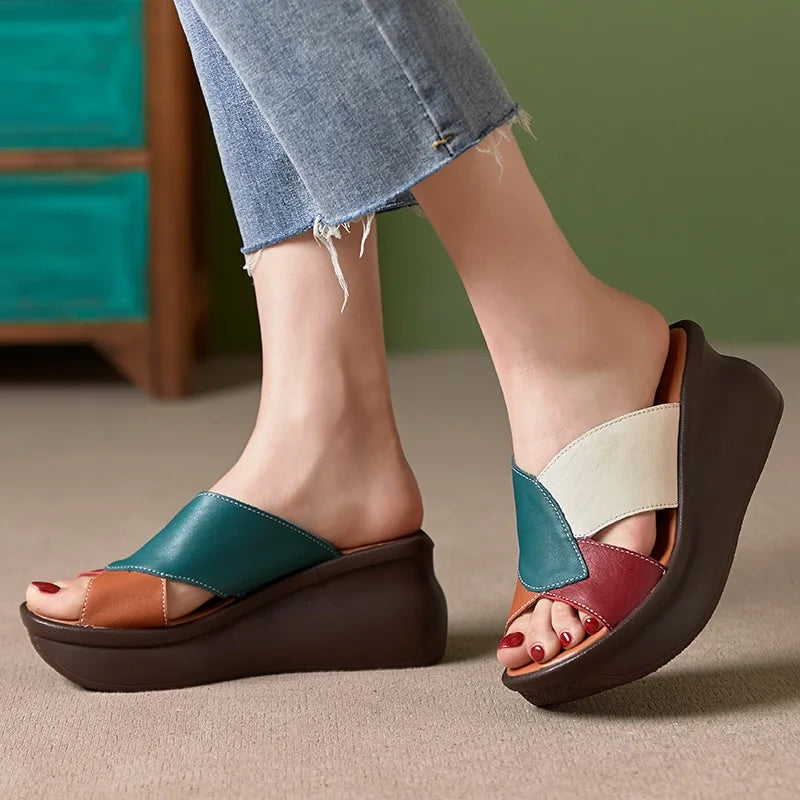 Women's Slippers for Summer, Wedges Height Increasing Slippers, Mixed Color Open Toe Genuine Leather Platform Casual Slides KilyClothing