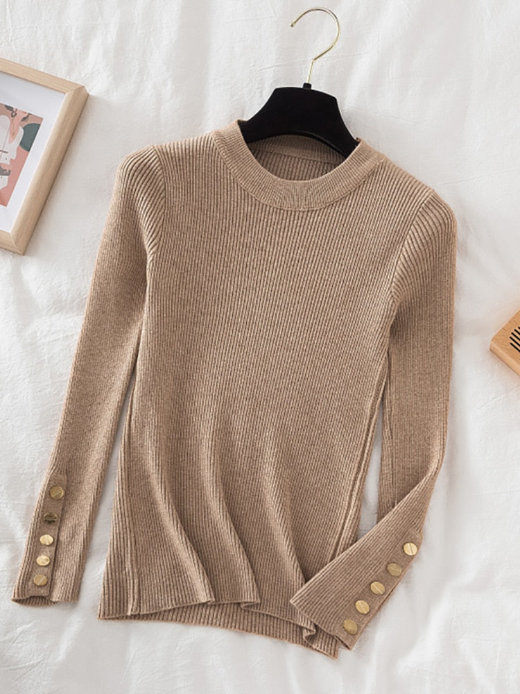 Thick sweater khaki button o-neck chic slim knit top soft jumper KilyClothing