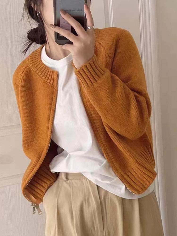 Short Sweater Outerwear, Retro Knit Cardigan Thickened Long Sleeve Loose Zipper KilyClothing