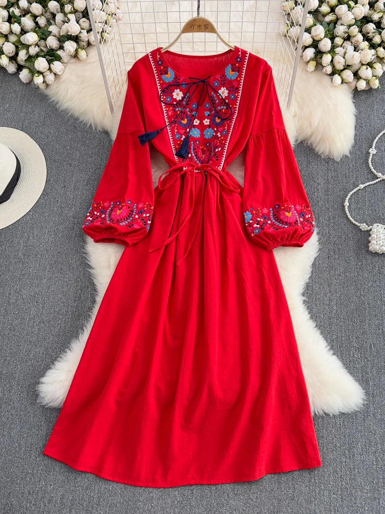 Sweet Style Long Dress For Women Embroidery Tassel High Waist Lace-up A-line Dresses Spring Summer KilyClothing