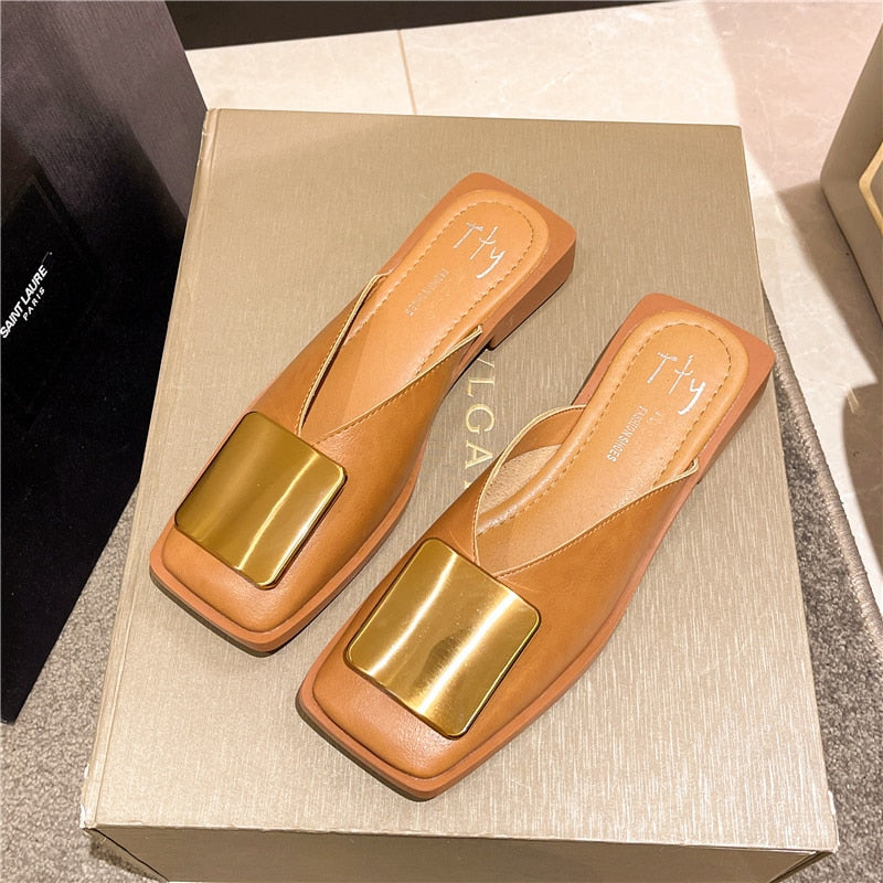 Slippers Fashion Metal Buckle Mules Flat Heels Square Toe Shallow Shoes Outdoor Slide Female Casual Sandal KilyClothing