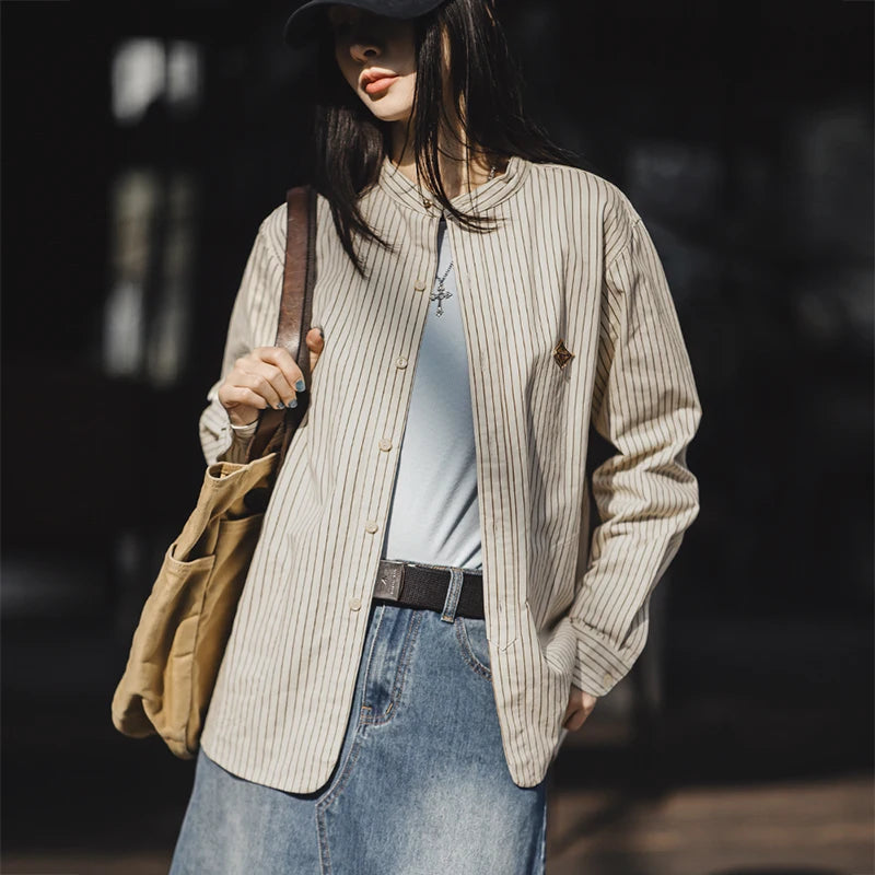 Camisa a rayas para mujer, combinada con algodón puro, top de manga larga, chaqueta de moda, otoño e invierno