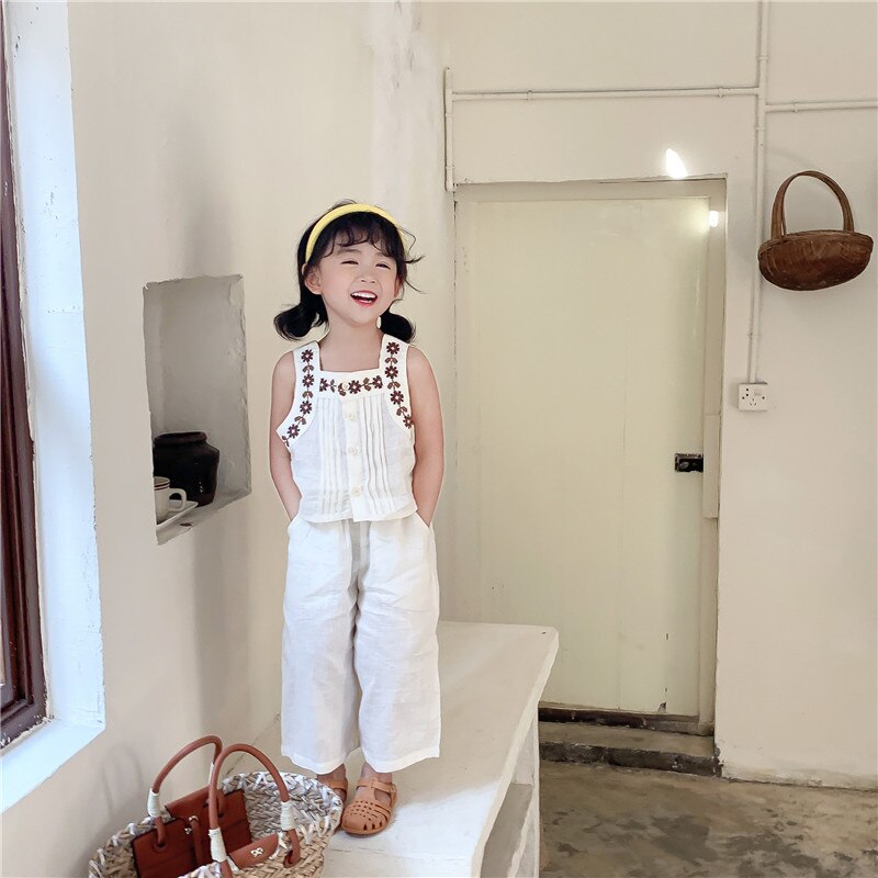 Baby Girl Clothes Set Charm Suspender Wide Leg Pants Two-piece Set Flower Embroidered KilyClothing