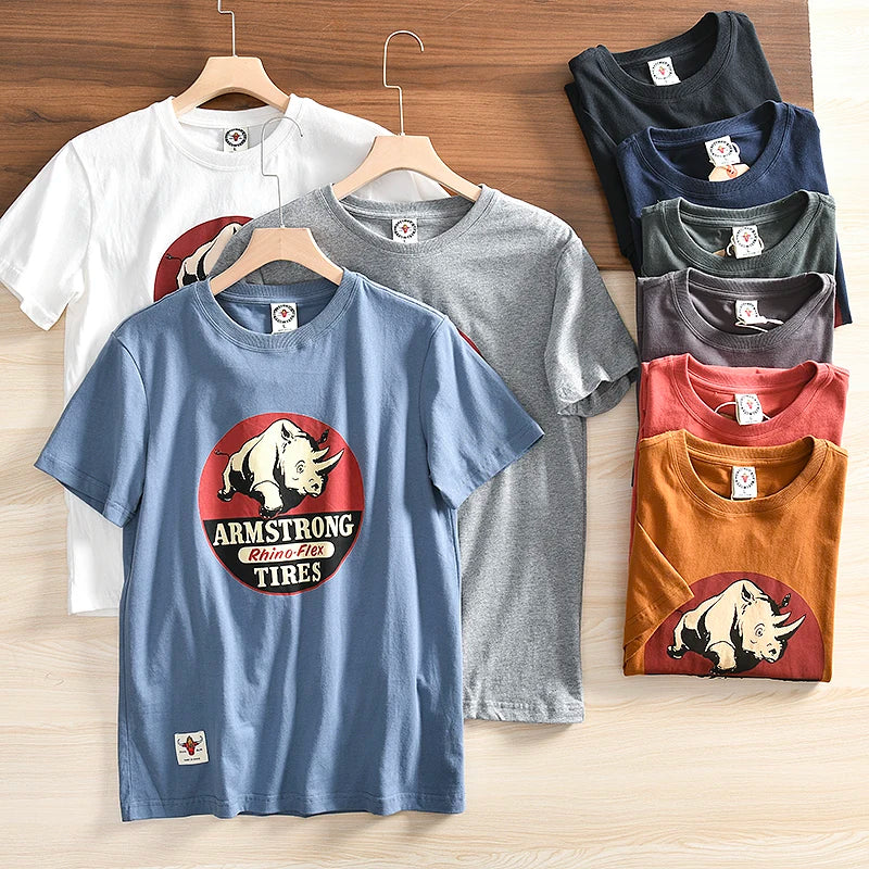 Camiseta Retro de manga corta con cuello redondo y estampado de rinoceronte para hombre, Tops deportivos informales lavados de algodón 100% sencillos a la moda