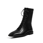 Square toe low-heel square heel mid-calf boots cross lace zipper mid-calf boots KilyClothing
