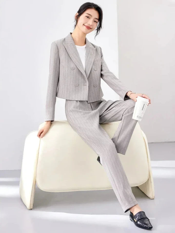 Striped Outfits Women Crop Blazer Jacket Ankle Length Pant Suit Two Piece Sets