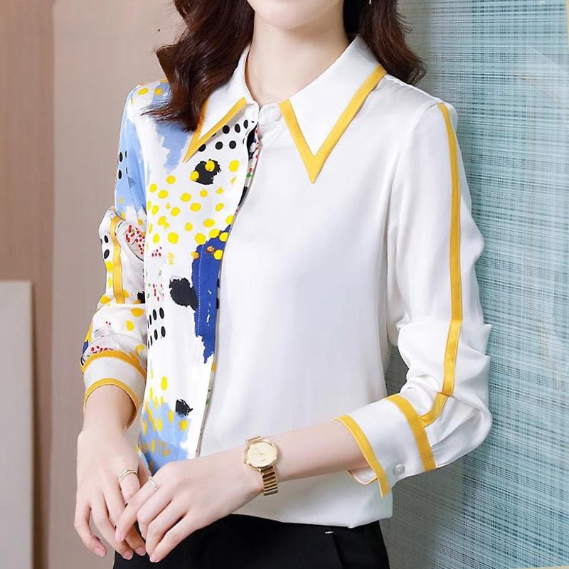 Long Sleeve Lapel Satin Women's Shirt Spring Casual KilyClothing