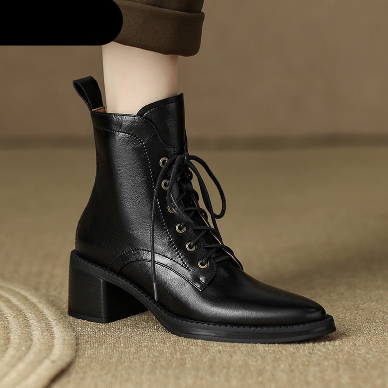 Ankle Boots Split Genuine Leather High Heels Zipper Laces Black Brown Gothic Elegant KilyClothing
