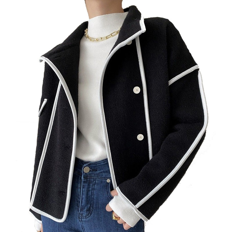 High Quality with Cashmere, Stand Collar Contrast Color Pearl Velvet Cropped Coats Casual Cardigans KilyClothing