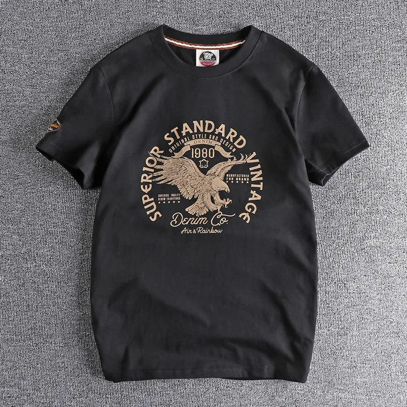Camiseta retro de manga corta con cuello redondo y estampado de águila, moda para hombre, 100% algodón lavado Simple