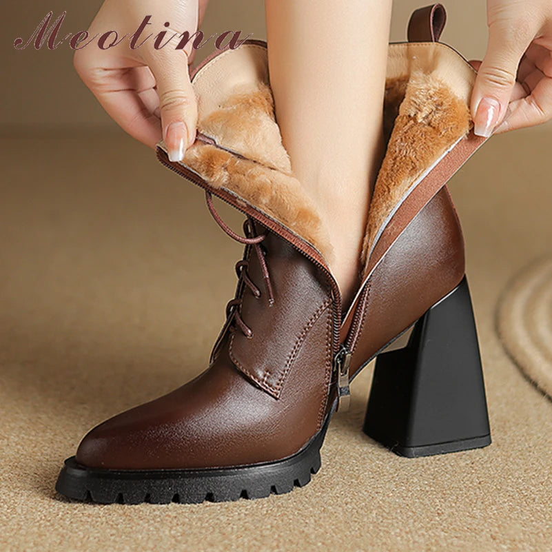 Meotina Women Genuine Leather Ankle Boots Pointed Toe Thick High Heels Zipper Lace-up Wool Short Boots Lady Fashion Shoes Winter