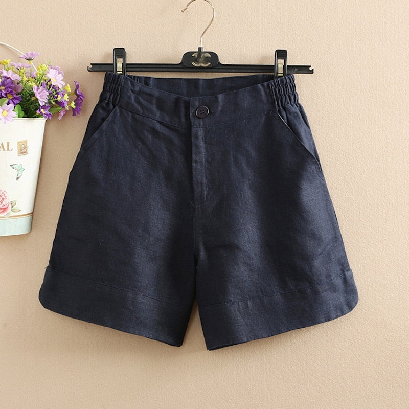 Loose Shorts Cotton Linen Solid Color Wide Leg High Waisted KilyClothing