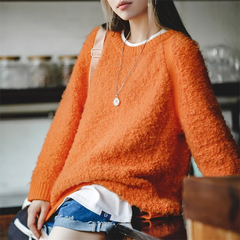 Women's Vintage Pullover Orange Sweater Round Yarn Knitted Warm  Underlay