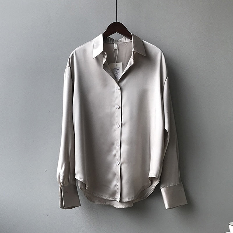 Button Up Satin Silk Shirt Vintage Blouse Women  Long Sleeves Female Loose Street Shirts KilyClothing
