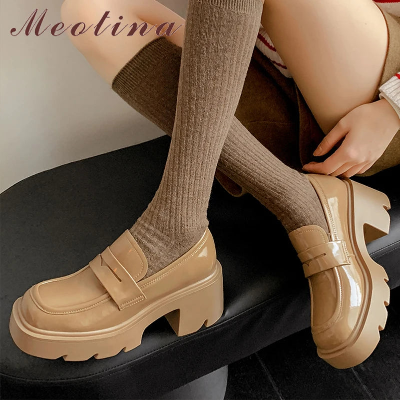 Meotina Women Genuine Leather Loafers Pumps Round Toe Thick High Heels Platform Ladies Fashion Shoes Spring Autumn Black Apricot