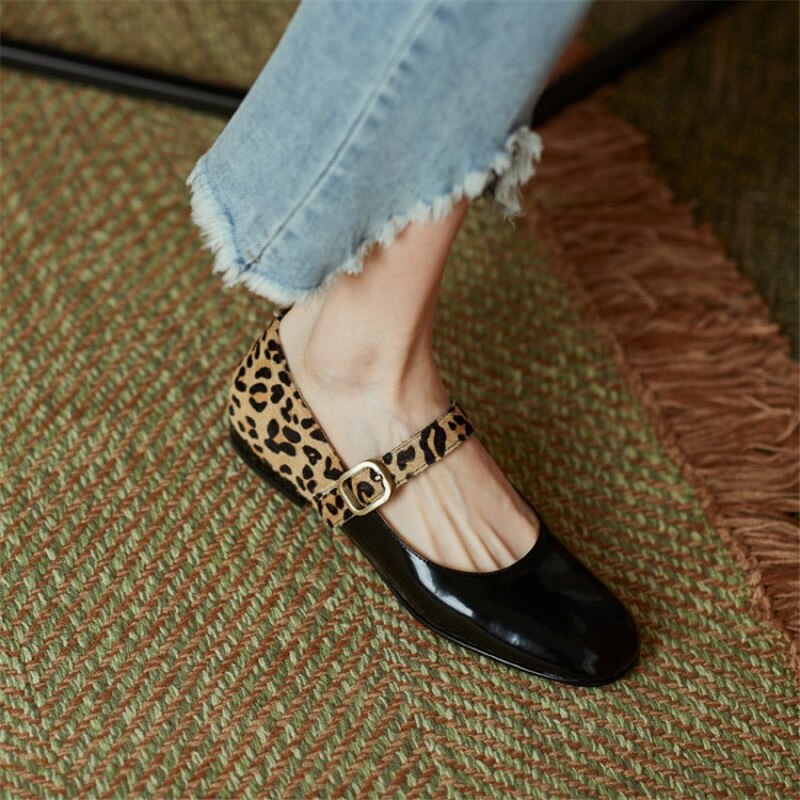 Low-heel Leather Round Toe Splicing Leopard Print One-line Buckle Women Shoes KilyClothing
