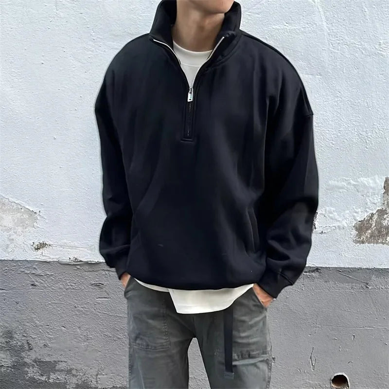 Sudadera con diseño de media cremallera para hombre, con cuello alto estilo vintage Y2K, moda coreana de algodón 