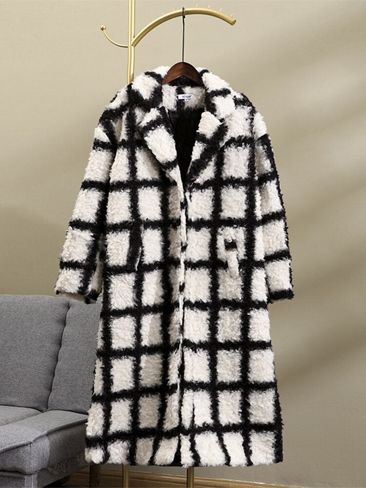 Faux Lamb Plaid Lapel Long Coat Full Sleeve Button Pocket Casual Overcoat Office Lady Elegant Windbreaker KilyClothing