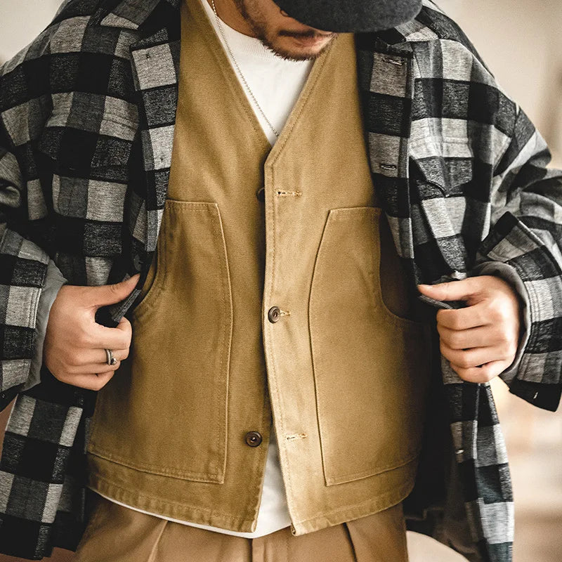 Chaleco de caza de algodón vintage para hombre, chaqueta sin mangas de color caqui, chaleco táctico informal para exteriores